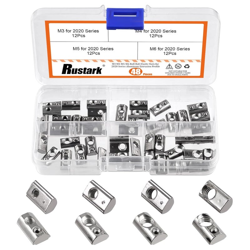 Rustark 48pcs 4 Sizes Carbon Steel Roll in T-Nuts Metric T-Nut with Ball Spring Roll Ball Elastic Nuts T Slot Nuts T Spring Nuts for 2020 Series Aluminum Extrusion Profile Rail 3D Printer CNC Router - Image 1